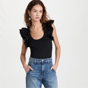 Ulla Johnson Black Ruffle Cap Sleeve Koa Rib Knit Scoop Neck Top